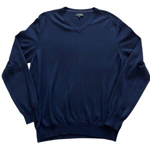 Tahari Men’s Extra Fine Merino Wool Navy V Neck Sweater | Size XL